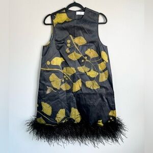Dauphinette Black Ginkgo Leaf Feather Trim Mini Dress.